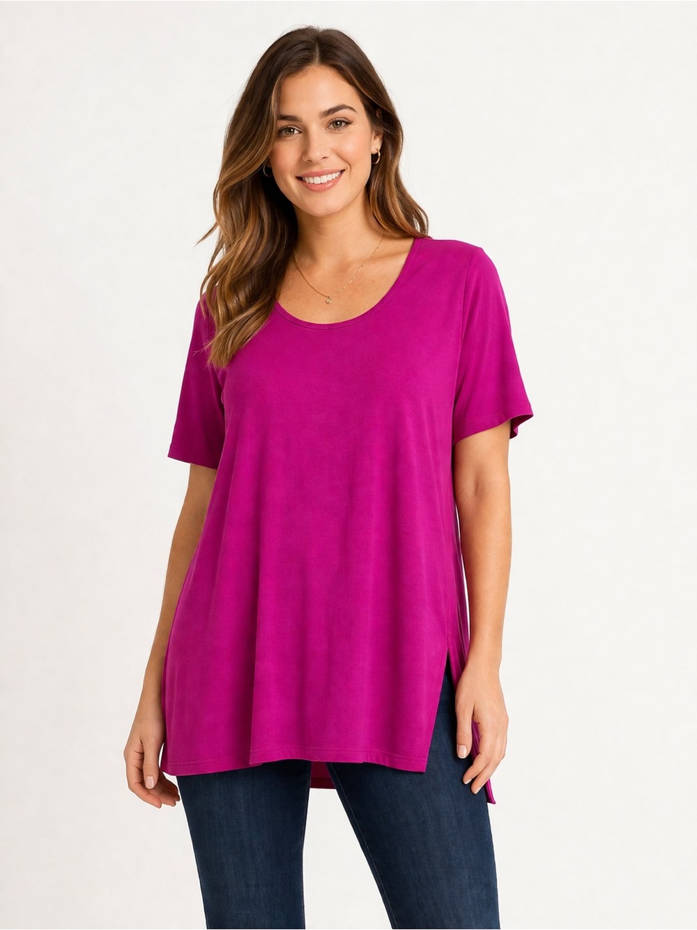 Ulla Popken Magenta Viscose Tunic Top 12/14 Soft Stretch Side Slit Tee Plus Size
